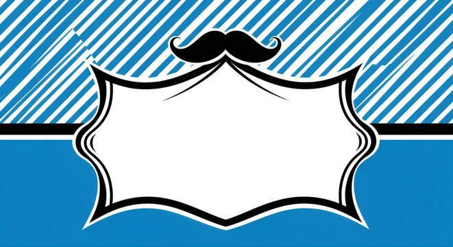 Blue background with diagonal stripes and a white ornate frame with a mustache