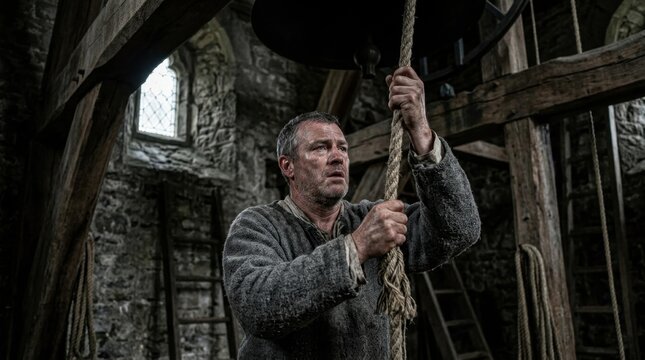 A middle aged man in simple medieval clothing pulling a thick heavy rope to ring a large bronze bell inside the dark stone tower of an ancient church