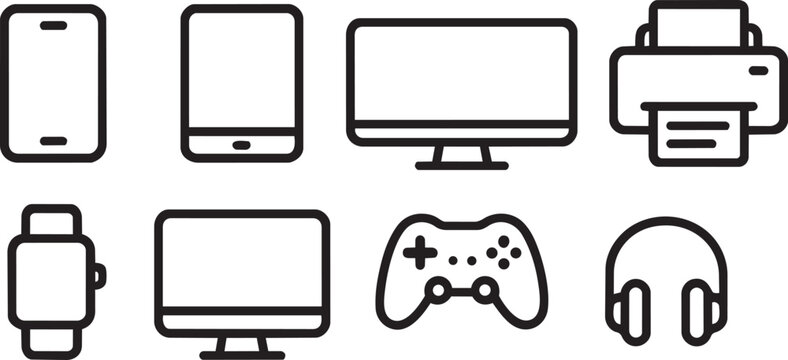 Minimalistic device icons set featuring smartphone tablet monitor printer smartwatch game controller and headphones.