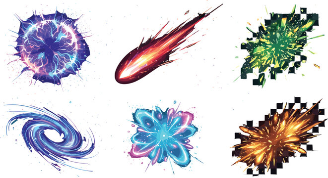 A premium set of high quality sci-fi special effects including energy bursts fire explosions magic vortex and glowing portal illustrations isolated on a white background for game design.