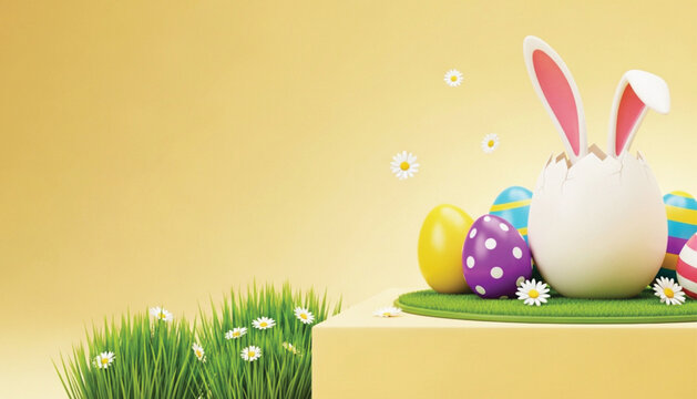 Decorative easter bunny ears popping out of cracked white eggshell with colorful painted eggs on grassy platform against warm yellow studio background art.