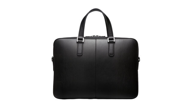 Sleek black leather briefcase with silver hardware, isolated on transparent background