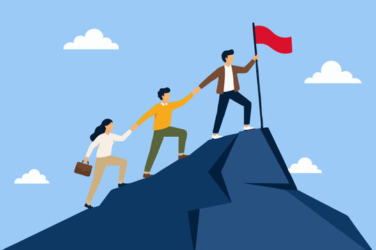 Business people helping each other to climb a mountain to reach a goal flag top.