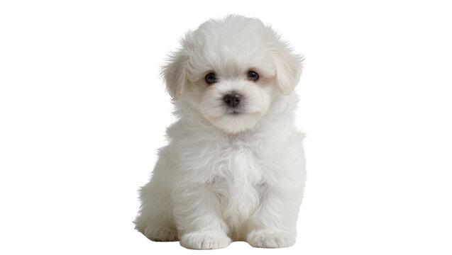 Fluffy white bichon frise puppy sitting, isolated on transparent background