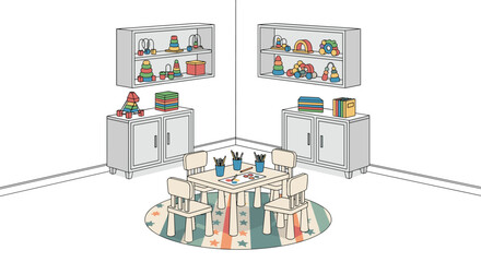 Fototapeta premium Vibrant children's playroom includes wall shelves with wooden toys, storage cabinets, and a central activity table with four small chairs.
