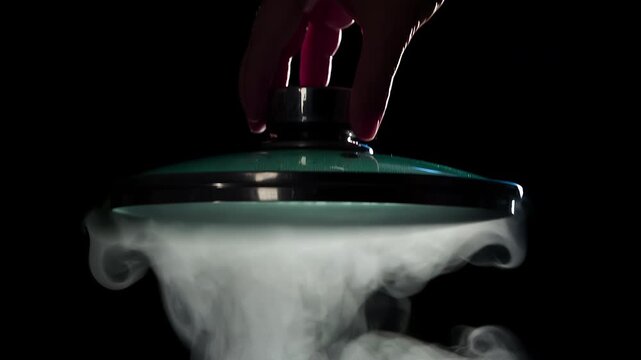 Cover Over the Boiling Pot. White Clouds of steam rise from under the raised cap on a black background