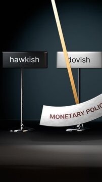 Monetary policy cycles between hawkish and dovish. Visualizing a repeated pattern of monetary policy that swings between extremities: hawkish and dovish. Repeating transition from hawkish to dovish.