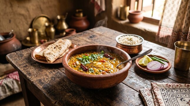 Traditional Indian dal lentil curry served in a rustic clay bowl with fresh flatbread on a wooden table