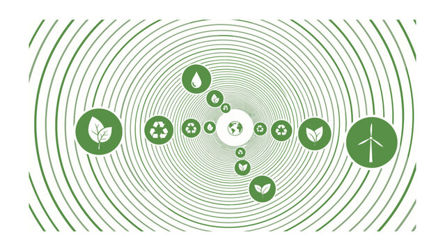 Eco-Friendly Spiral: A visually compelling graphic showcasing interconnected eco-friendly symbols, converging towards a central earth emblem, symbolizing global environmental unity and sustainability.
