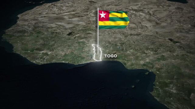 Togo Map Animation with 3D Waving of Togo National Flag and Glowing Border Animation on World Map