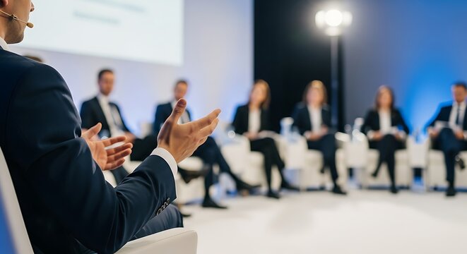 Speaker gesturing with hands during a panel discussion with audience in background