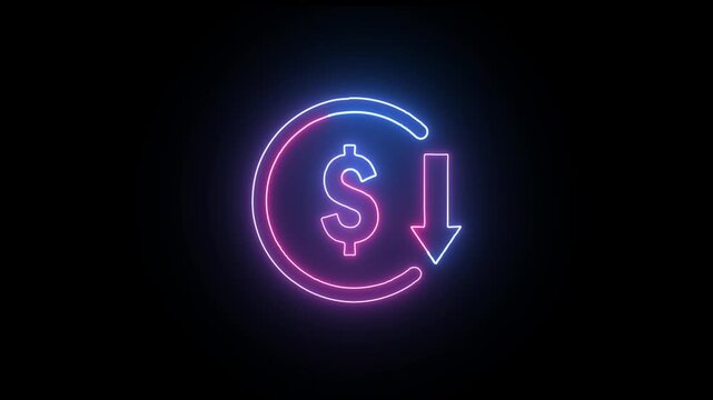Abstract neon glowing decrease icon on black background. Dollar rate up to down looped icon. Reduce costs sign and symbol.