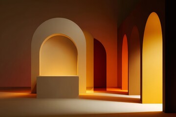 Fototapeta premium Product Display Scene With Layered Arches Depth Perspective and Cinematic Warm Lighting