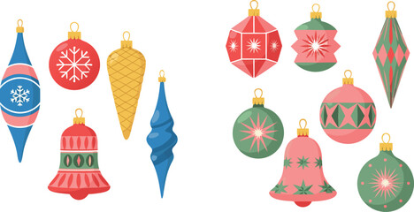 Collection of colorful vintage style Christmas tree ornaments and festive glass baubles for holiday greeting card and seasonal decoration design © Sufea