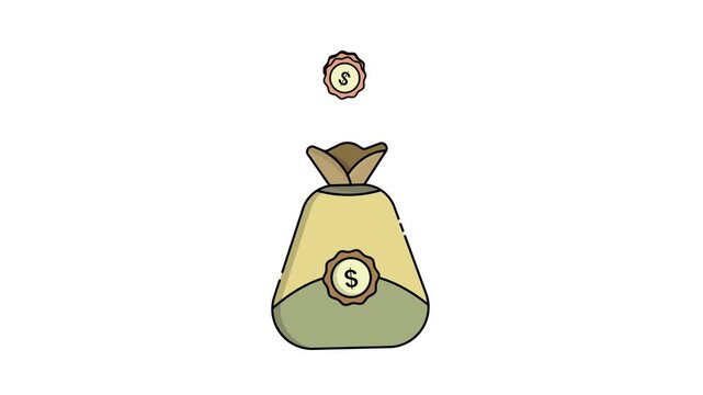 Animated Savings Fund Concept with Money Bag and Dollar Coins on White and Green Background