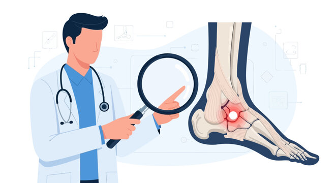 Doctor examining foot bones with magnifying glass, highlighting ankle pain and inflammation