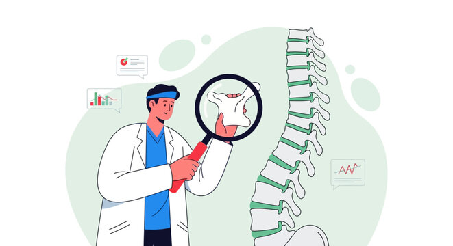 Doctor examining spine vertebra with magnifying glass, medical illustration
