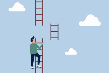 Business concept illustration featuring man climbing fragmented ladder to the top. © SHAILA