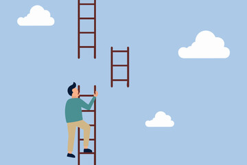 Conceptual illustration of man climbing wooden ladder towards unreachable ladder. © SHAILA