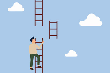 Man climbing wooden ladder in blue sky representing personal ambition and success. © SHAILA