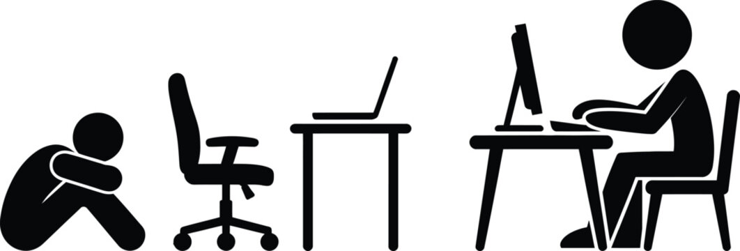 Black and white icon showing person working at desk progression