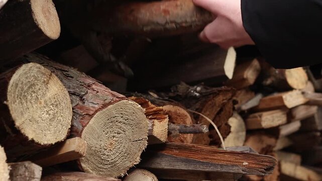 Close-up of a hand putting wood into a pile of prepared firewood. Concept of fuel harvesting, home heating and rural life. A woman's hand stacks logs in a pile, close-up. Preparing firewood