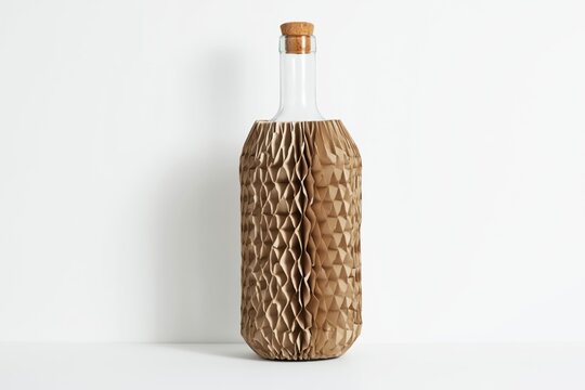 Eco-friendly geometric paper packaging covering a glass bottle