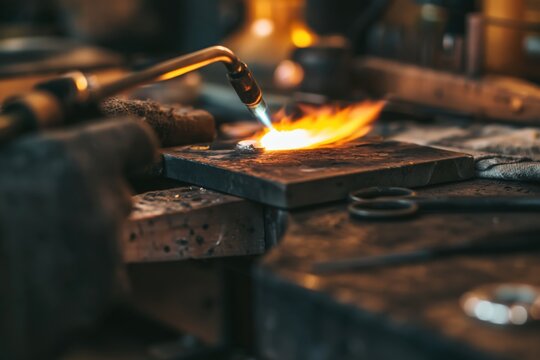 Artisan jeweler soldering metal during jewelry making process