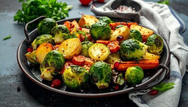 Rosenkohl vom Blech mit Karotten und Kartoffeln