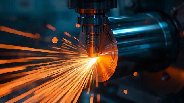 Industrial robotic welding tool emitting intense orange sparks and bright glow during metal processing in dark factory setting