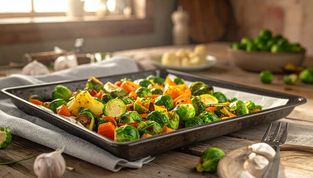 Rosenkohl vom Blech mit Karotten und Kartoffeln