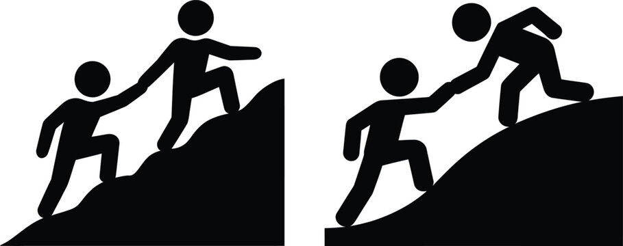People helping each other climb a steep hill together