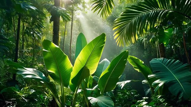 Tropical Jungle Sunlight Rays Lush Green Leaves Nature Background Video Still　熱帯ジャングルに差し込む太陽光 緑豊かな葉の自然背景動画