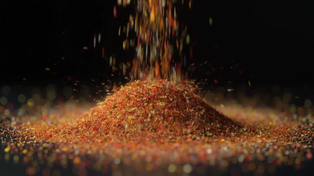 Colorful Spice Powder Explosion Macro, Falling Seasoning Particles on Dark Background Video Still　カラフルなスパイスパウダーの爆発 マクロ撮影 黒背景に舞い落ちる調味料の動画