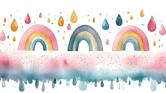 Hand painted watercolor banner featuring multiple colorful rainbows and an array of falling raindrops