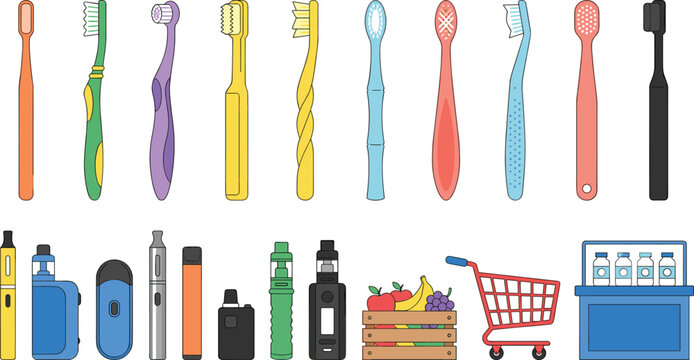 Vector set of diverse consumer goods featuring colorful toothbrushes electronic cigarettes fruit crate and grocery shopping cart