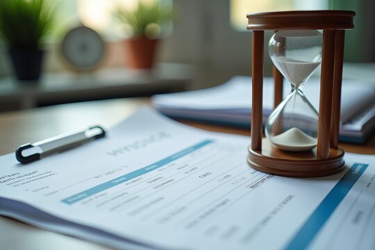 Close-Up Shot of an Hourglass and Unpaid Bill on a Messy Desk, Symbolizing Being Behind on Payments.