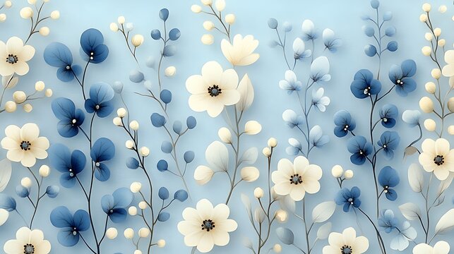 Many gentle white and blue flowers with soft leaves and tiny buds populate a tranquil light blue surface