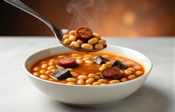 Bowl of Fabada Asturiana filled with hearty bean stew, chorizo, and morcilla on white countertop. Concept of traditional cuisine, comfort food, bean stew with chorizo morcilla pork.