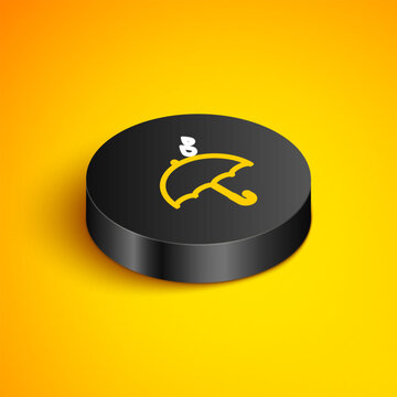 Isometric line Umbrella and rain drops icon isolated on yellow background. Waterproof icon. Protection, safety, security concept. Water resistant symbol. Black circle button. Vector