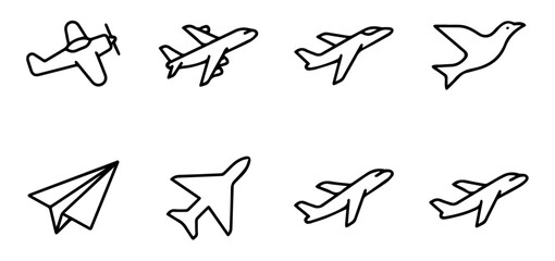 Collection of airplane and bird icons with paper airplane air travel line art flat design airplane © Md