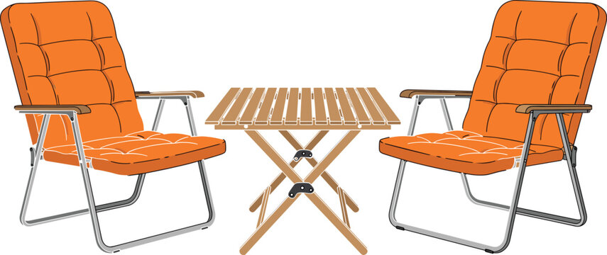 : Outdoor camping furniture set with folding chairs and wooden table for garden picnic and patio design projects