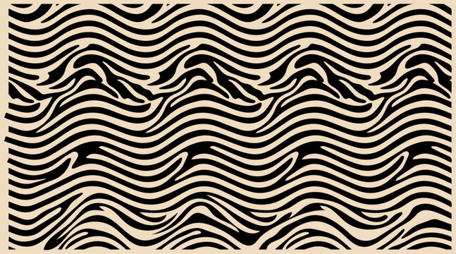 Abstract seamless pattern with black and beige wavy lines and organic shapes
