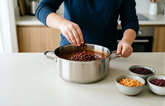Person in navy blue sweater stirring pot of Fabada Asturiana, rich bean stew with chorizo morcilla pork, wooden cabinets in modern kitchen. Concept of cooking comfort food.