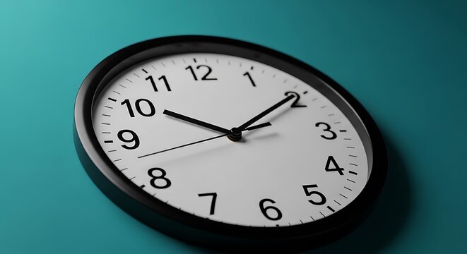 minimalist wall clock showing time on teal background for productivity and punctuality concept