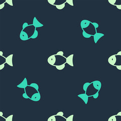 Fototapeta premium Green and beige Fish icon isolated seamless pattern on blue background. Vector