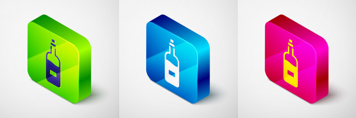 Obraz premium Isometric Bottle of wine icon isolated on grey background. Square button. Vector