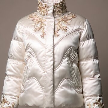 Luxury Puffer Jacket Fusion of Aphrodite and Rococo Style, Featuring Gold Scallop Shell Embroidery and Pearl Embellishments