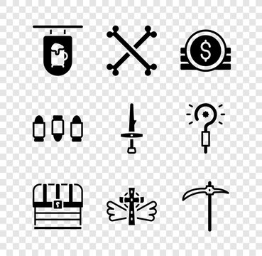 Set Street signboard with Bar, Crossed human bones, Ancient coin, Chest, Christian cross, Pickaxe, Bullet and Dagger icon. Vector