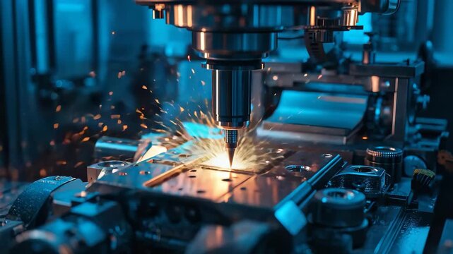 CNC milling machine drill bit cutting metal workpiece producing bright sparks during precision manufacturing in blue lit industrial workshop